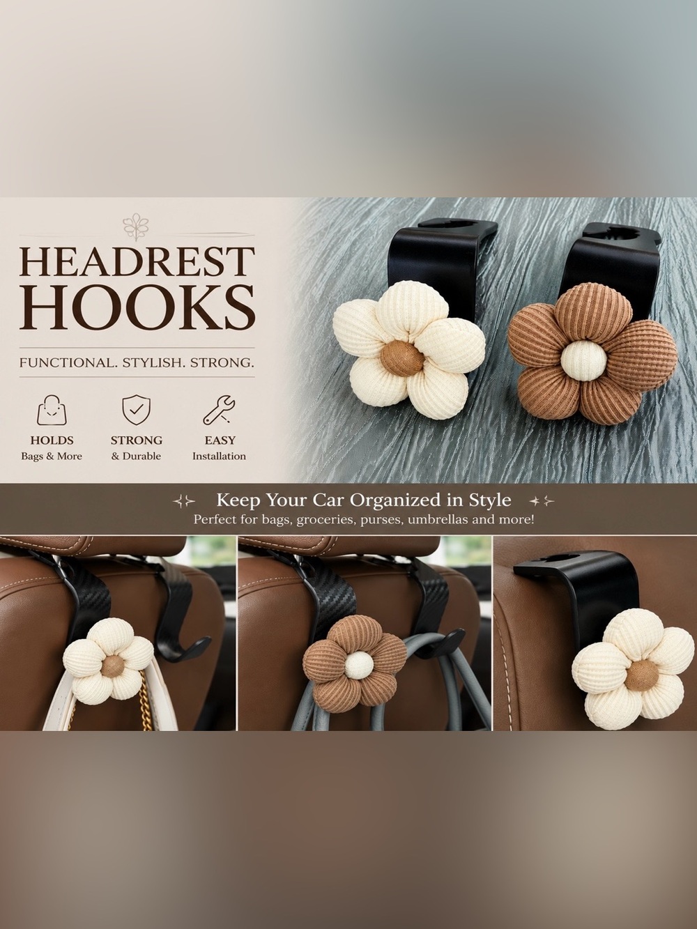 Headrest Flower Hooks - Cream and Tan - NWOT